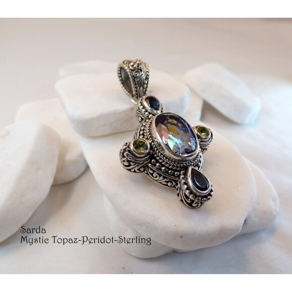SARDA Bali Signed Sterling Silver Mystic Topaz-Peridot-London Topaz Pendant - Picture 4 of 12